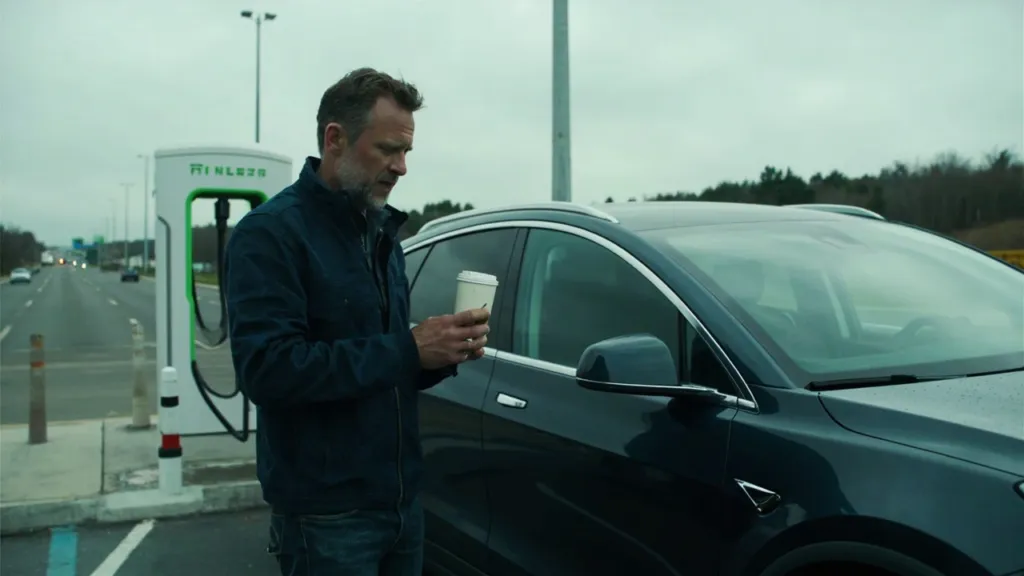 Mann um die 40 steht mit Kaffeebecher und Smartphone neben einem dunklen Elektro-SUV an einer Schnellladesäule