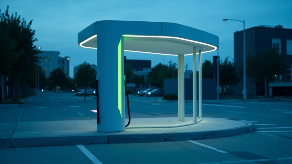 Moderne öffentliche Schnellladesäule in der Abenddämmerung mit grüner Statusanzeige auf leerem Parkplatz.