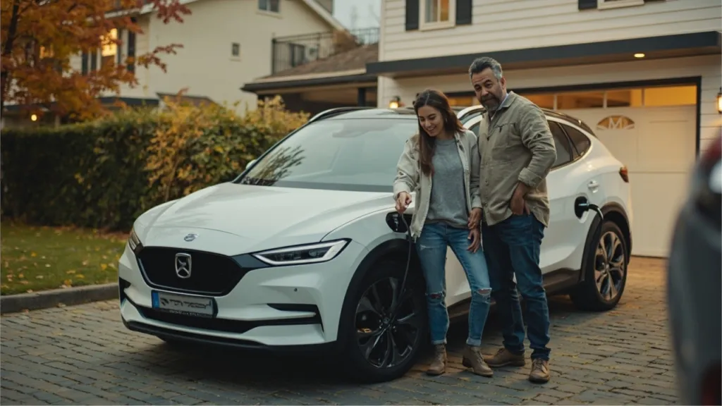 Ein Paar schließt in der Einfahrt eines Einfamilienhauses ein neues Elektroauto an die Wallbox an.