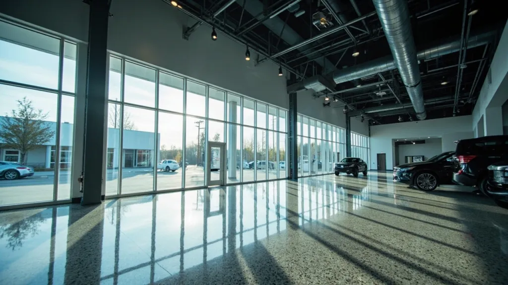 Modernes Autohaus-Showroom, glänzender Terrazzoboden, Stahlträger, bodentiefe Fenster mit Stadtblick