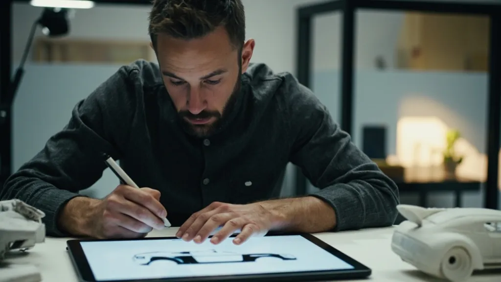 Autodesigner Mitte 30 im grauen Shirt skizziert eine Autossilhouette auf einem großen Tablet, daneben ein Tonmodell