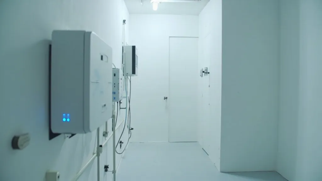 Moderner Heimspeicher in einem aufgeräumten Hauswirtschaftsraum, verbunden mit einem Wand-Wechselrichter.