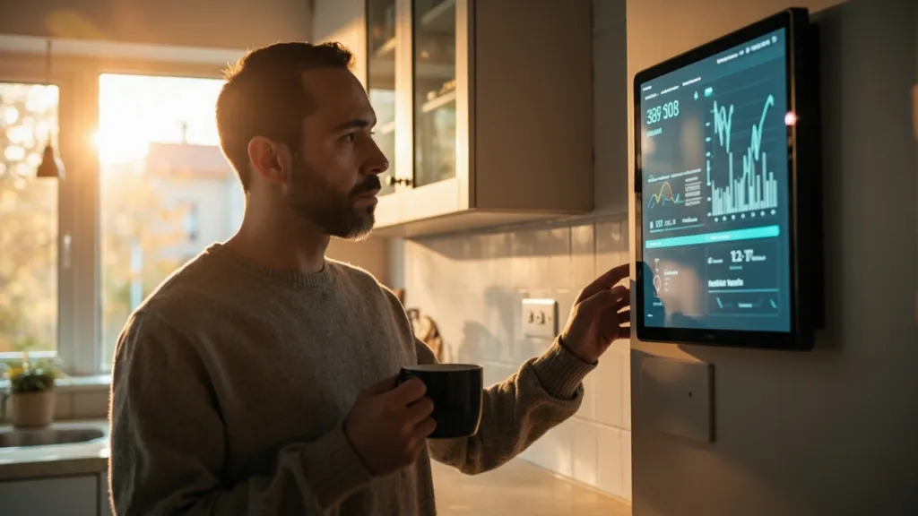 Mann Anfang 40 prüft morgens in moderner Küche Energiedaten auf einem Wand-Display mit Kaffeetasse.