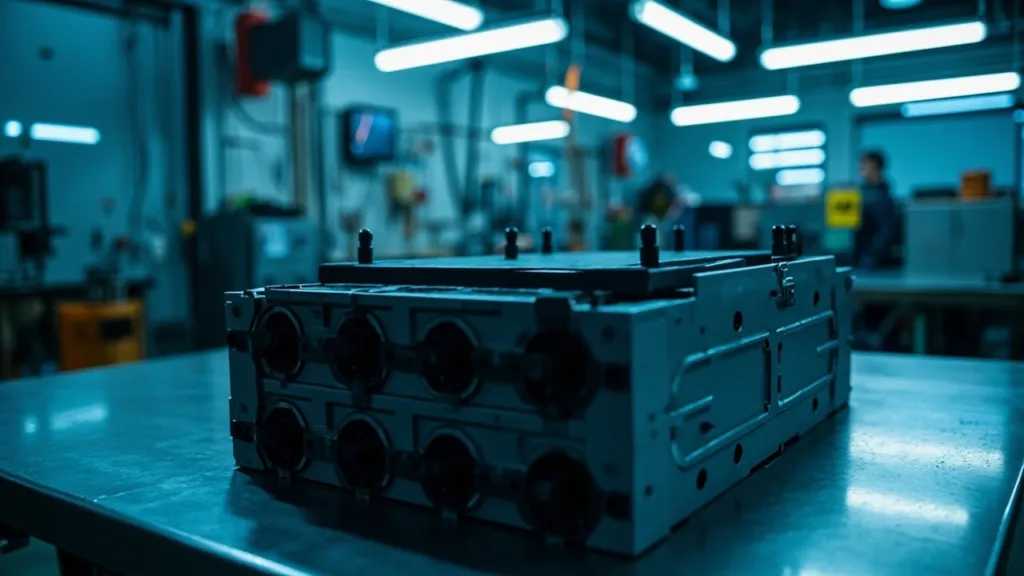 Eine moderne E-Auto-Batterieeinheit mit Zellen und Anschlüssen liegt auf einer metallischen Werkbank