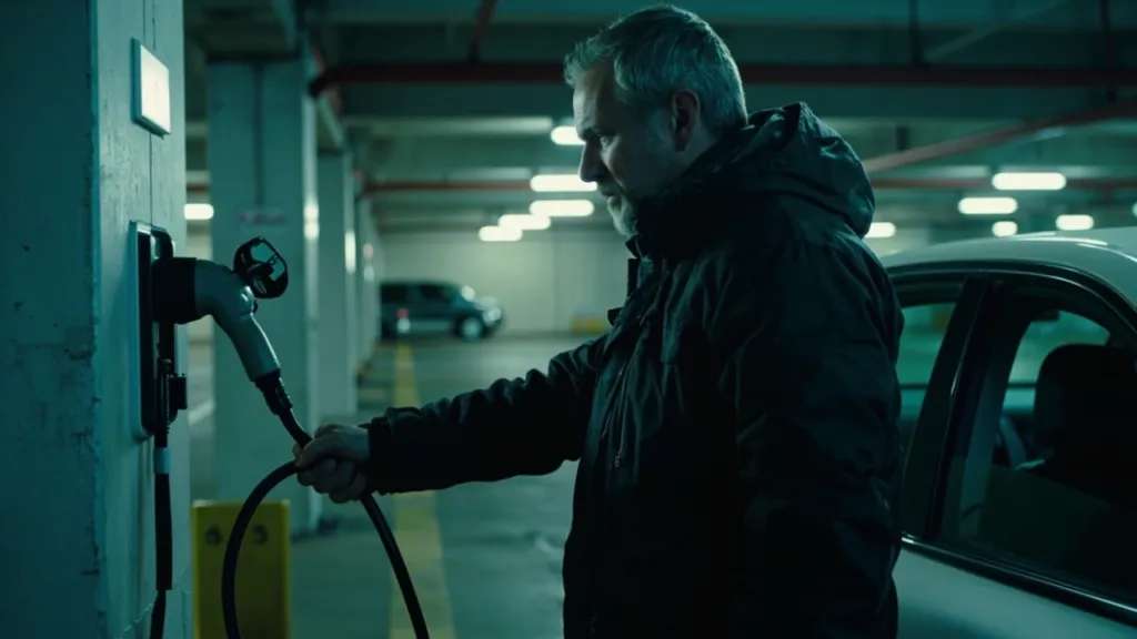 Mann in dunkler Jacke schließt in einer Tiefgarage ein Elektroauto an eine Wandladestation an.