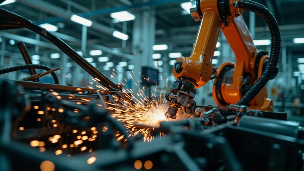 Roboterarm schweißt in einer hellen Autofabrik in Italien eine Karosserie, Funken fliegen durch die Luft.