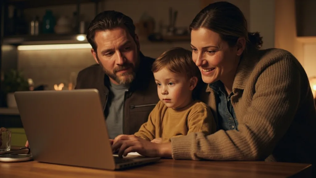 Familie mit Kind am Küchentisch, die gemeinsam am Laptop mögliche Autos vergleicht.